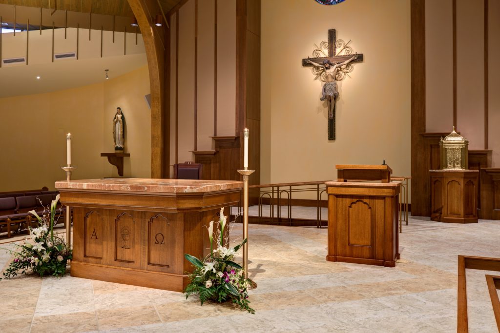 New altar table and height-adjustable ambo in the new worship space at St. Joseph Church by Foresight Architects